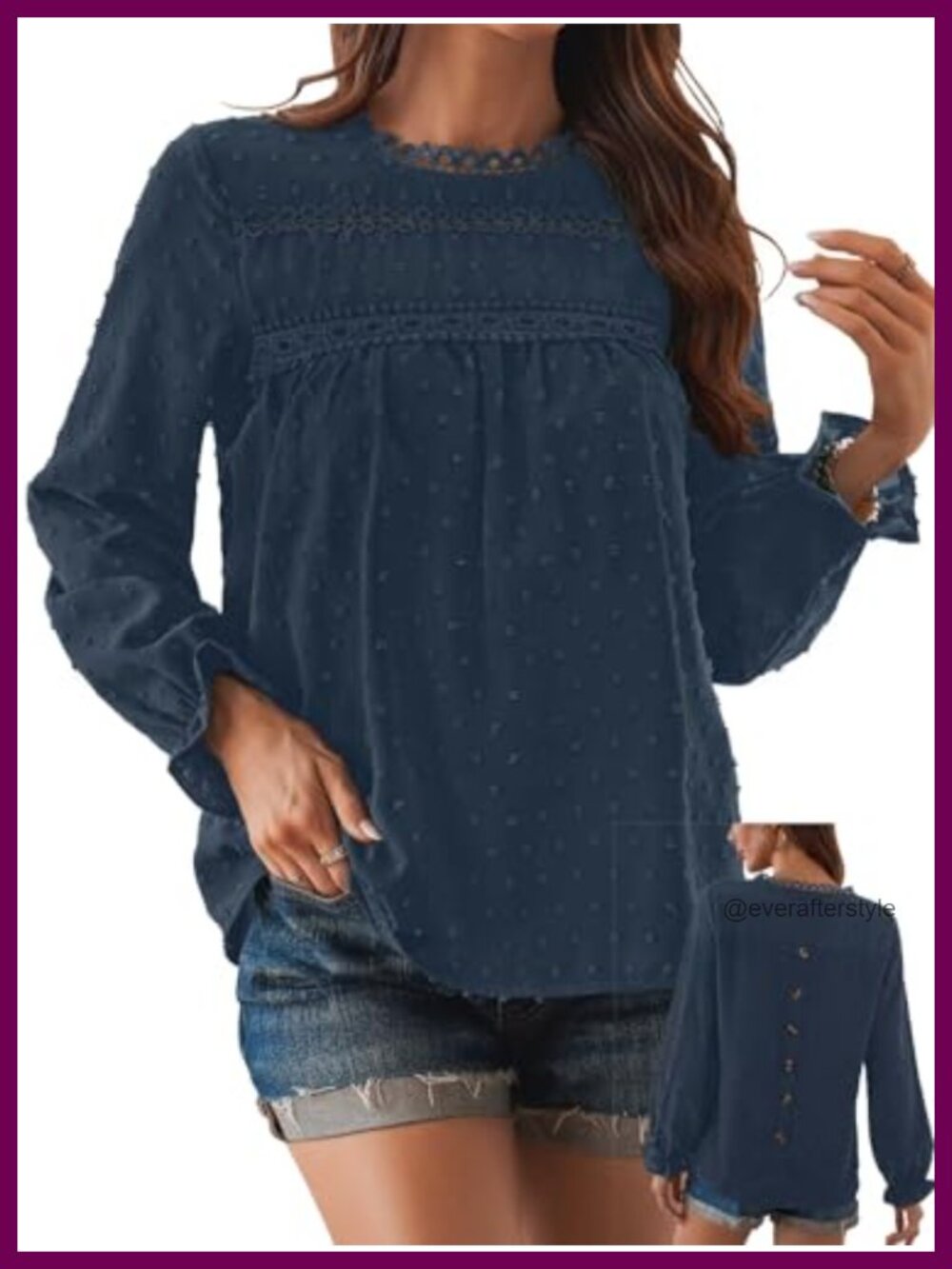 Boho Ruffle Long Sleeve Swiss Dot Top Crewneck Blouse